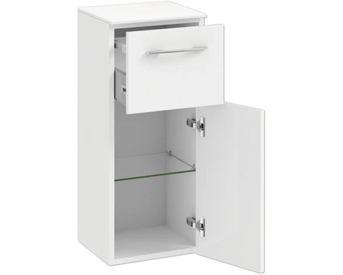 Meuble de salle de bain blanc avec tiroir et porte avec étagère en verre