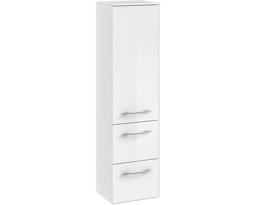 Armoire haute de salle de bain blanche avec trois tiroirs et poignées