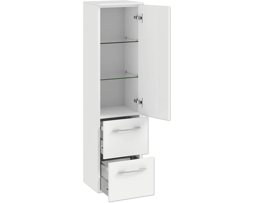 Armoire haute de salle de bains blanche avec deux tiroirs et étagères en verre