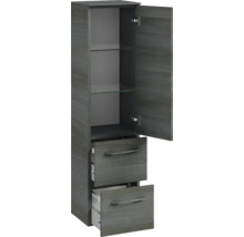 Armoire haute avec deux tiroirs et un compartiment ouvert avec deux étagères en verre pour la salle de bains