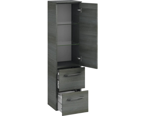 Armoire haute avec deux tiroirs et un compartiment ouvert avec deux étagères en verre pour la salle de bains