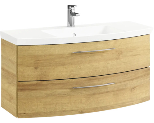 Meuble sous-lavabo avec deux tiroirs, lavabo et robinet