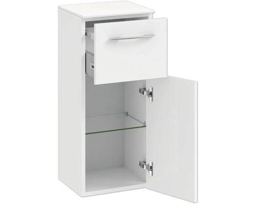 Weißer Badschrank mit Schublade, Tür und Glasboden
