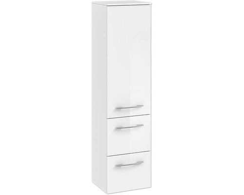 Weißer Bad-Hochschrank mit drei Schubladen und Griffen