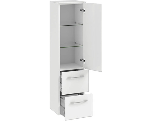 Weißer Badschrank mit zwei Schubladen und Regalböden