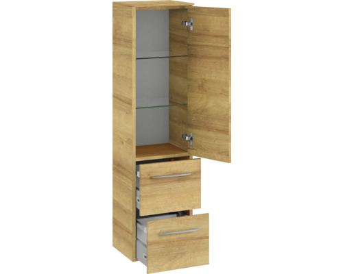 Hochschrank mit zwei Schubladen, einer Tür und Glasböden