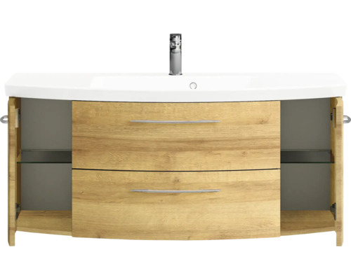 Meuble sous-lavabo avec lavabo et deux tiroirs avec portes ouvertes.