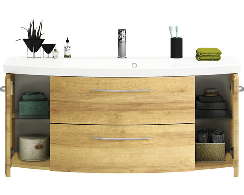 Meuble sous-lavabo avec deux tiroirs et compartiments ouverts