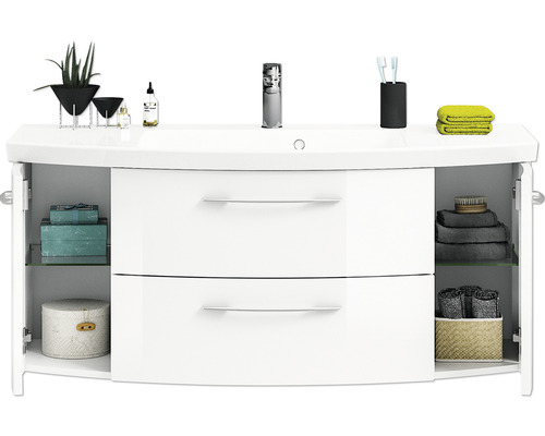 Meuble-lavabo blanc avec espace de rangement ouvert et deux tiroirs dans la salle de bain