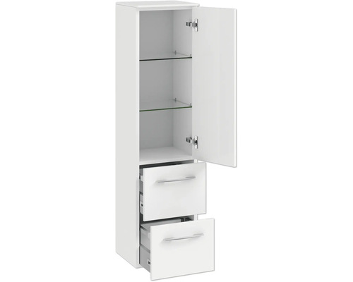 Armoire haute de salle de bain blanche avec porte, deux tiroirs et étagères en verre