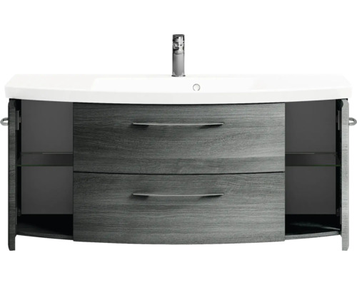 Meuble sous-lavabo avec deux tiroirs, deux portes et des étagères en verre