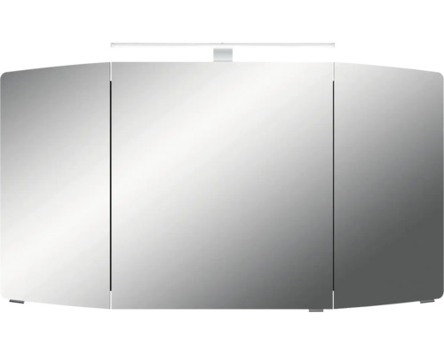 Armoire de toilette avec trois portes et éclairage pour la salle de bain.