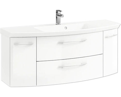 Weißer Waschtisch mit zwei Schubladen, zwei Türen und einem Waschbecken