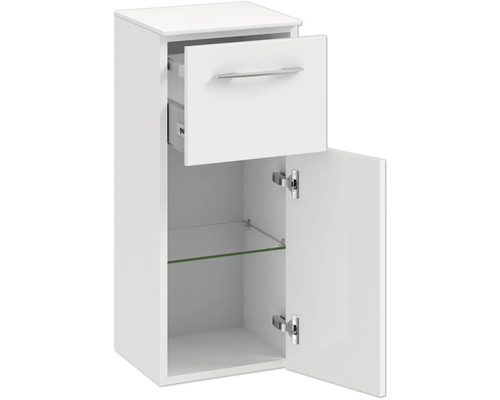 Weißer Waschbeckenunterschrank mit Schublade und Glastür