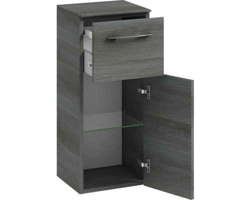 Meuble de salle de bains avec tiroir et porte avec étagère en verre