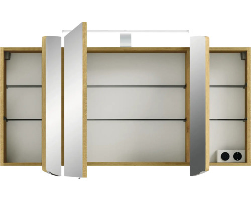 Spiegelschrank mit Holzeinfassung, Spiegeltüren, Glasböden und Beleuchtung