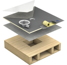 Structure en couches d''une douche avec manchette d''étanchéité, bande d''étanchéité, produit d''étanchéité et garniture d''écoulement sur une poutre en bois