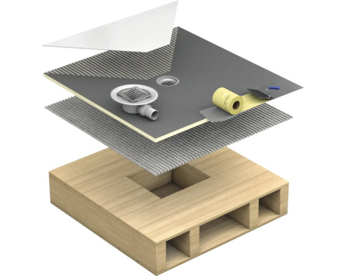 Structure en couches d''une douche avec manchette d''étanchéité, bande d''étanchéité, produit d''étanchéité et garniture d''écoulement sur une poutre en bois