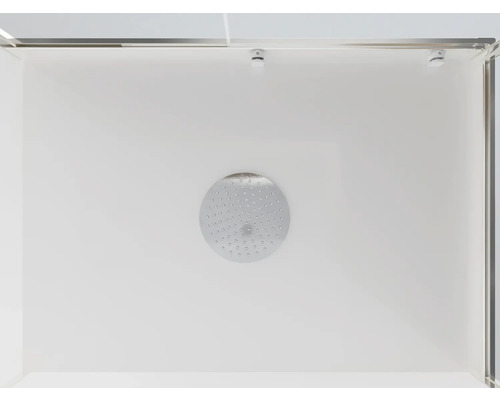 Vue à l''intérieur d''une cabine de douche avec pommeau de douche au plafond