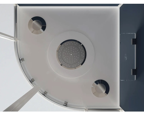 Blick von oben in eine Duschkabine mit Kopfbrause und Glastür