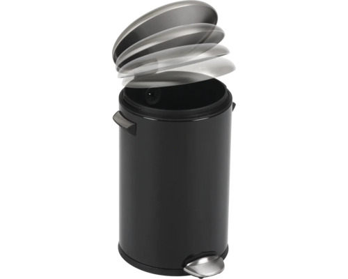 Schwarzer Treteimer mit sich öffnendem Deckel