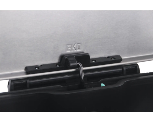 Vue détaillée d''une poubelle EKO avec un boîtier en plastique noir et un couvercle en acier inoxydable