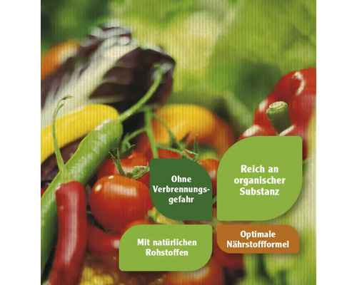 Gemüseauswahl mit den Hinweisen: Keine Verbrennungsgefahr, reich an organischer Substanz, mit natürlichen Rohstoffen, optimale Nährstoffformel