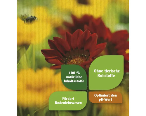 Informationen zu natürlichen Inhaltsstoffen, Rohstoffen ohne tierische Bestandteile, Förderung von Bodenlebewesen und Optimierung des pH-Werts.