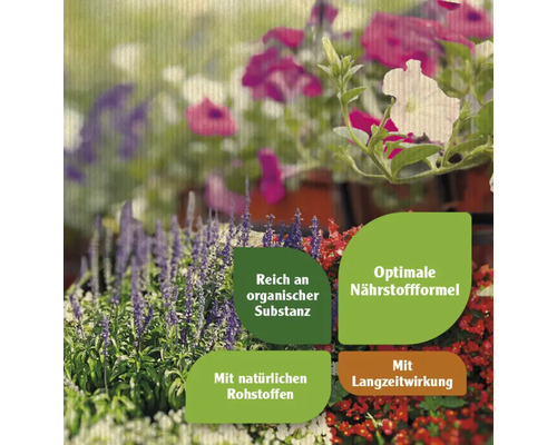 Blumen mit dem Hinweis auf organische Substanz, Nährstoffformel, natürliche Rohstoffe und Langzeitwirkung.