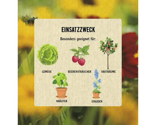 Illustration zeigt den Anwendungsbereich für Gemüse, Beerensträucher, Obstbäume, Kräuter und Stauden.