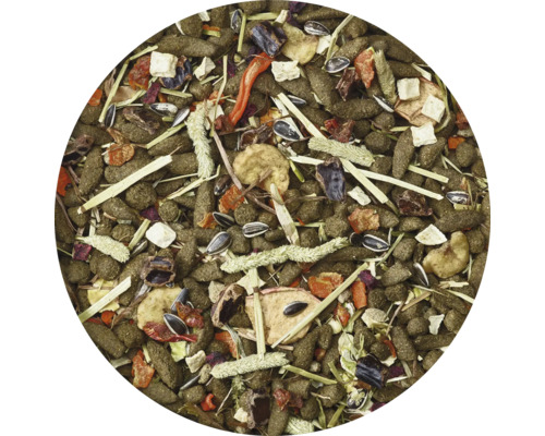 Aliment complet pour petits animaux composé de granulés, céréales, graines, légumes secs et herbes