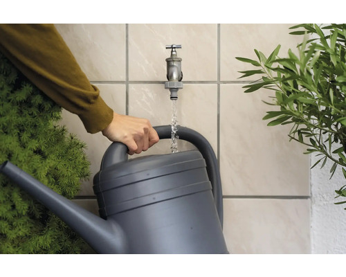 Eine Gießkanne wird unter einem Wasserhahn mit Wasser befüllt, um Pflanzen zu bewässern.