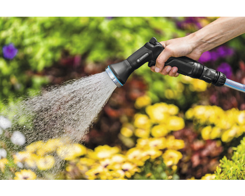 Lance d''arrosage en cours d''utilisation pour arroser des plantes dans le jardin.