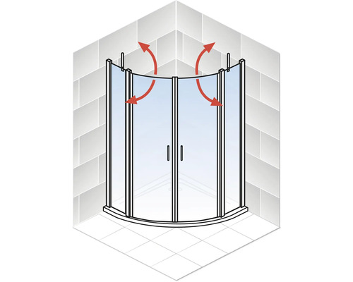 Cabine de douche avec portes battantes et flèches indiquant la zone d''ouverture.