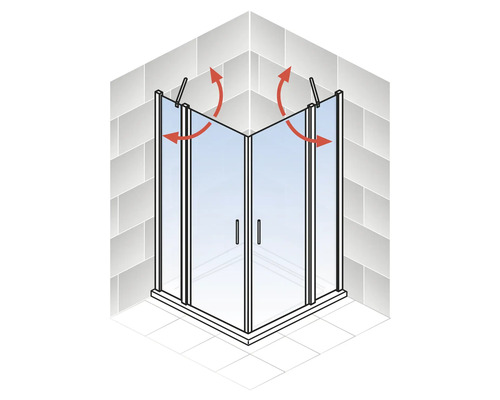 Douche d''angle avec portes pivotantes et flèches rouges indiquant le mouvement de rotation