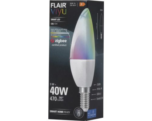 Emballage d''une lampe LED intelligente Flair Viyu, C35/E14, avec 16 millions de couleurs et certification Zigbee