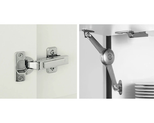 Deux types de charnières pour meubles.