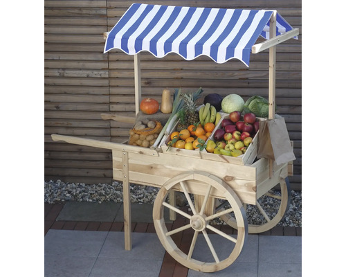 Verkaufswagen aus Holz mit blau gestreifter Markise und Gemüseauswahl