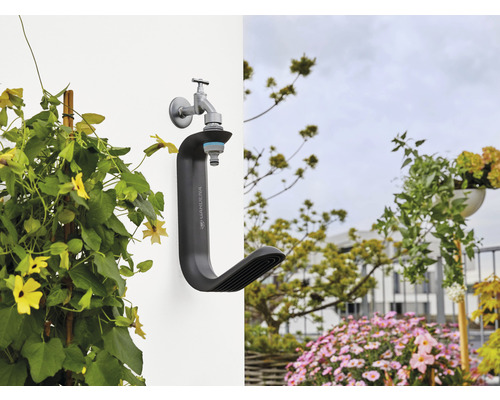 Gardena Schlauchhalterung mit Wasserhahn an einer Wand neben einer Kletterpflanze