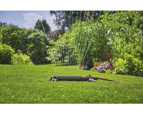 Rasensprenger bewässert Rasenfläche im Garten