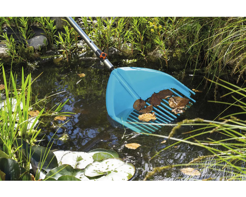 Nettoyage d''un bassin avec une épuisette de bassin dans le bassin de jardin