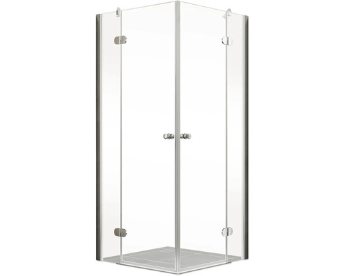 Eckdusche mit transparentem Glas und silberfarbenen Beschlägen