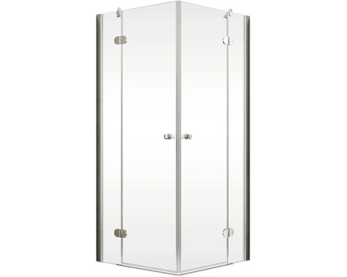 Cabine de douche d''angle avec verre transparent et ferrures argentées