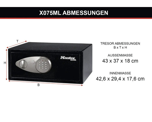 Coffre-fort Master Lock avec serrure électronique, dimensions indiquées