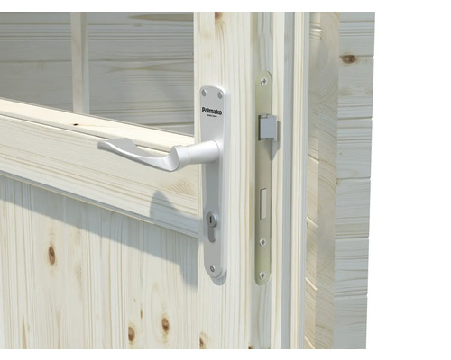 Nahaufnahme einer Holztür mit silberfarbenem Türgriff und Schloss