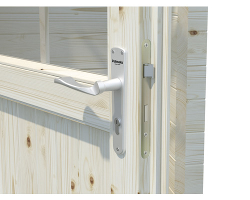 Detailansicht einer Holztür mit silberfarbenem Türgriff und Schloss