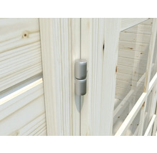 Vue détaillée d''une porte avec une paumelle métallique argentée et du bois