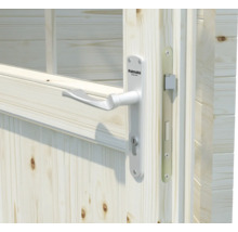 Gros plan sur une porte en bois avec poignée et serrure Palmako