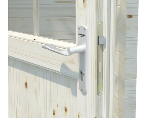 Detailansicht einer Holztür mit Schloss und Griff