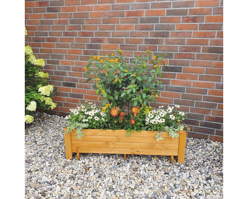Blumenkasten aus Holz mit verschiedenen Blumen bepflanzt vor einer Ziegelwand